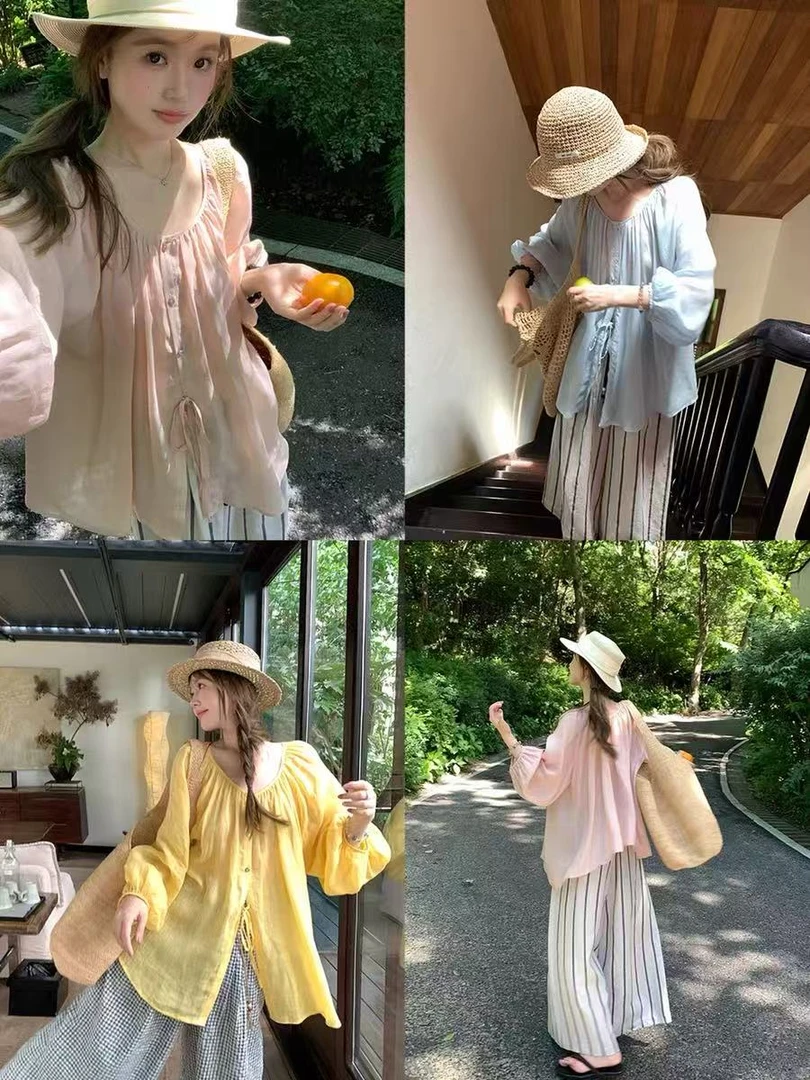 韩版苎麻轻盈感两面穿夏季新款设计感系带慵懒风气质宽松衬衫077