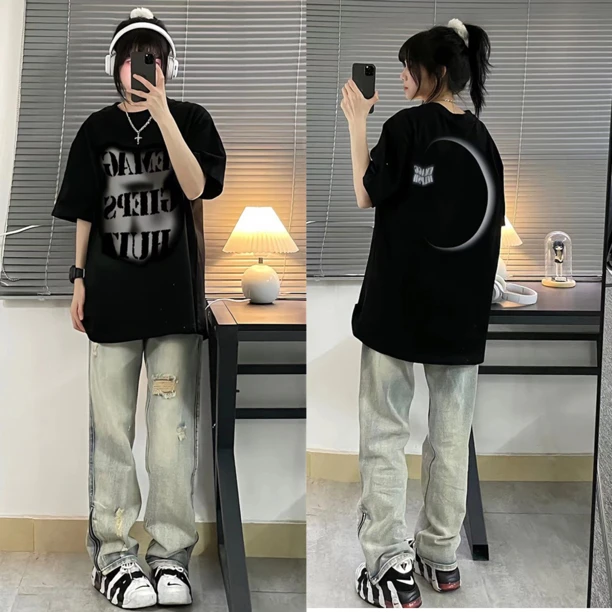 复古高街设计感小众纯棉T恤女ins潮牌夏季黑美式chic港味