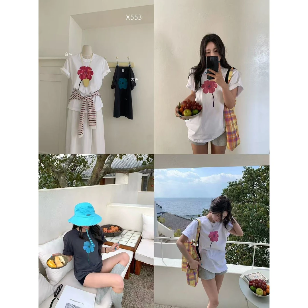 X553#韩系时尚简约百搭‘’小花‘’休闲短袖T恤