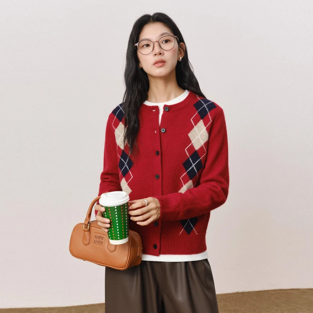素典【七巧格】miu系提花撞色羊毛针织开衫菱格宽松毛衣女5673
