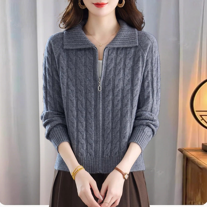 100%纯羊毛羊毛衫2025秋冬翻领麻花毛衣外套女短款小个子拉链开衫