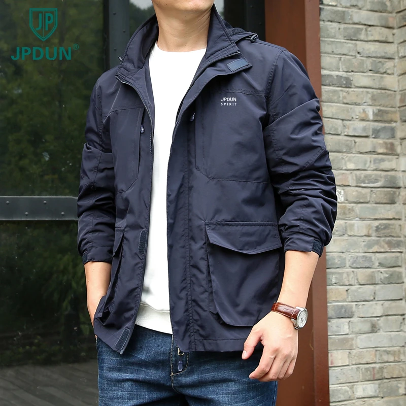 JPDUN秋季男装新款薄款可脱卸帽宽松男士纯色多口袋工装夹克外套