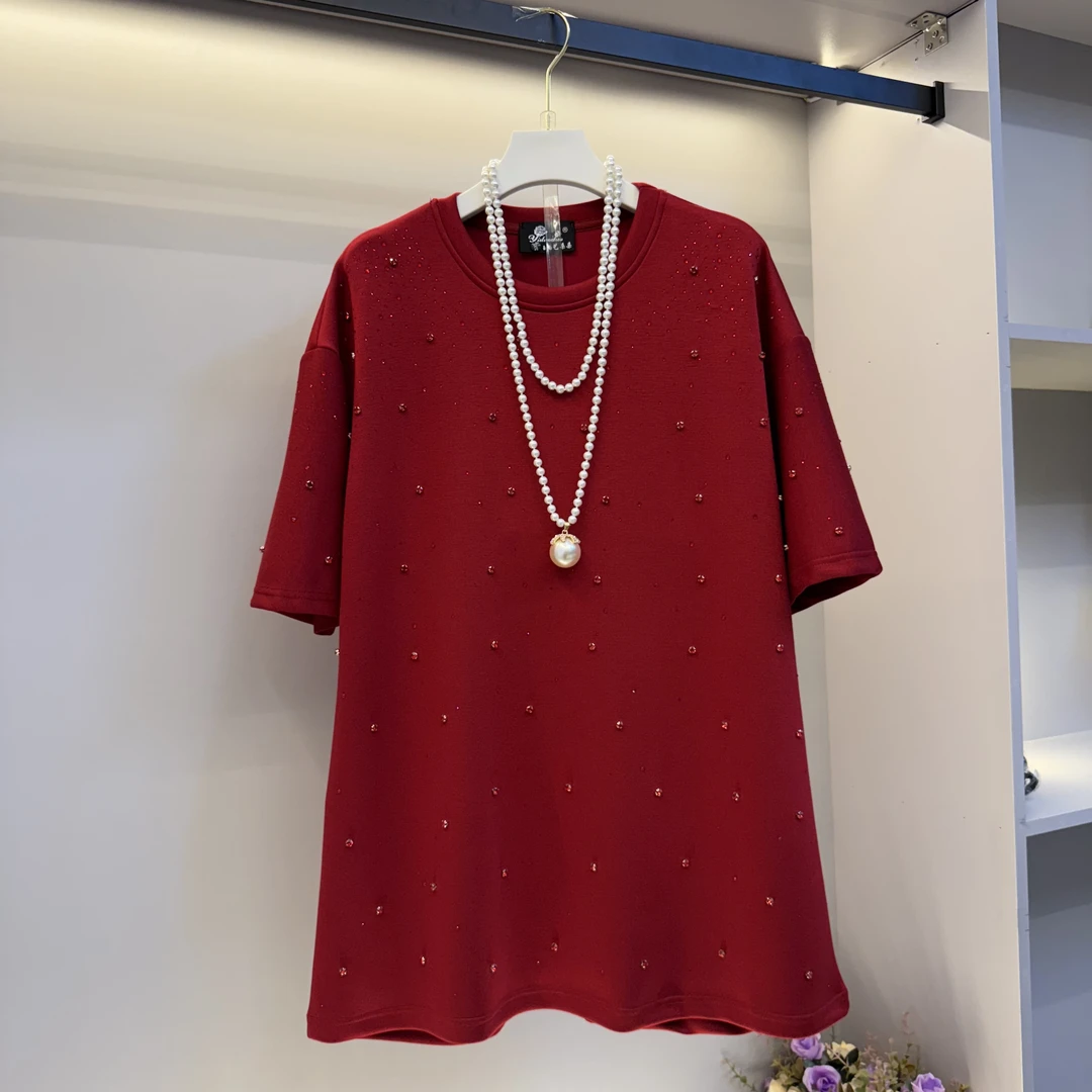 欧货2025新款大码胖妹妹烫钻洋气高级感慵懒风遮肉半袖（衣长78）