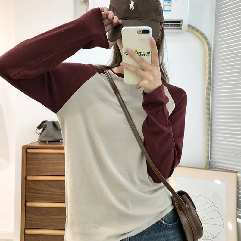 软糯弹力显瘦内搭T恤拼色插肩袖打底衫女2025年秋季新款长袖上衣