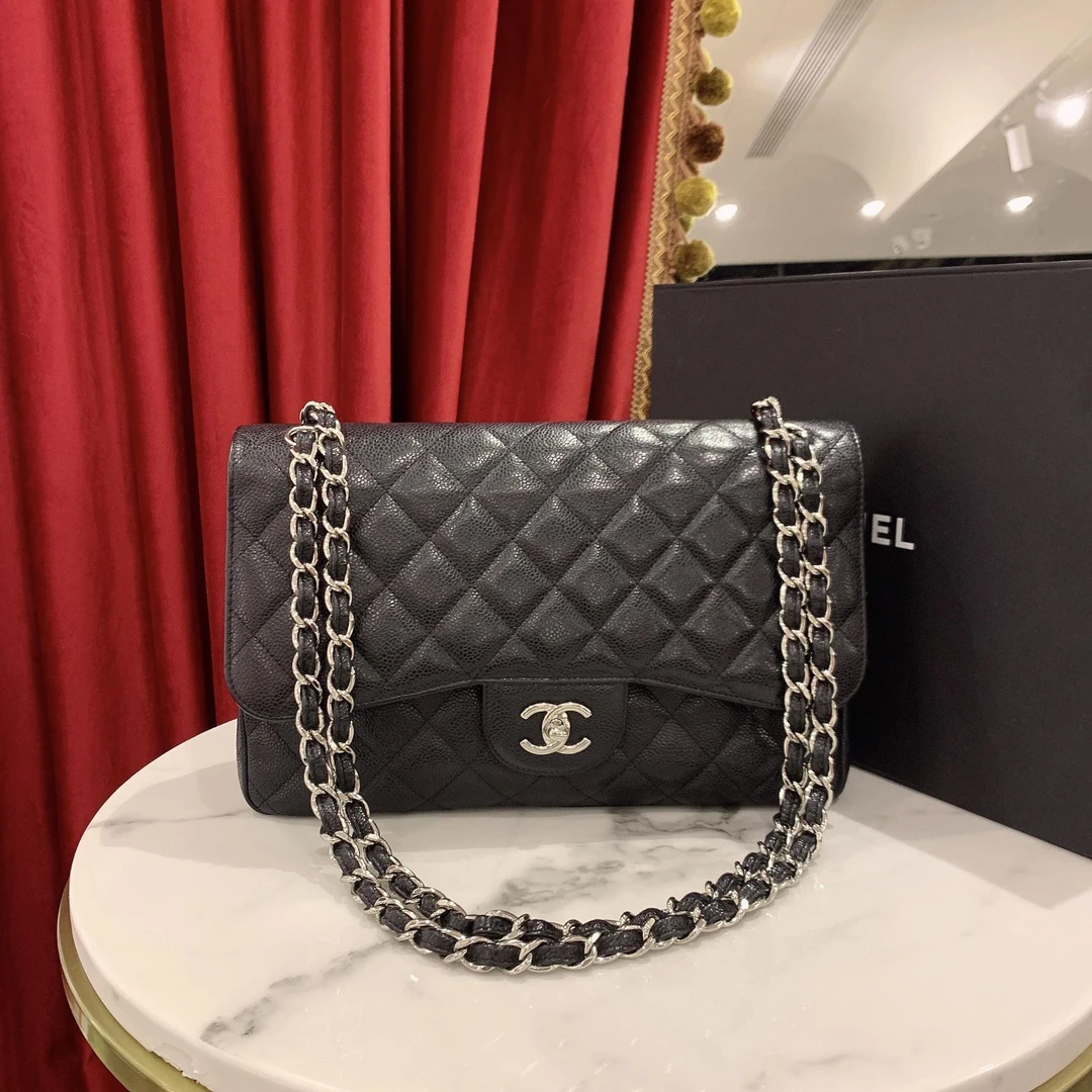 95新 Chanel/香奈儿 GGS香奈儿cf jumbo黑银羊皮单肩包/44267747
