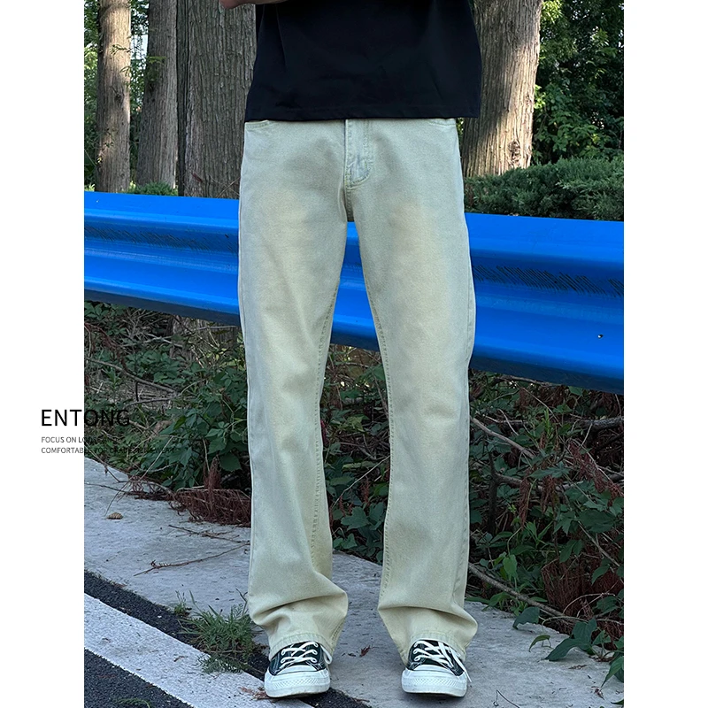 Entong美式复古显瘦宽松微喇牛仔裤男生水洗做旧显瘦直筒vibe裤子