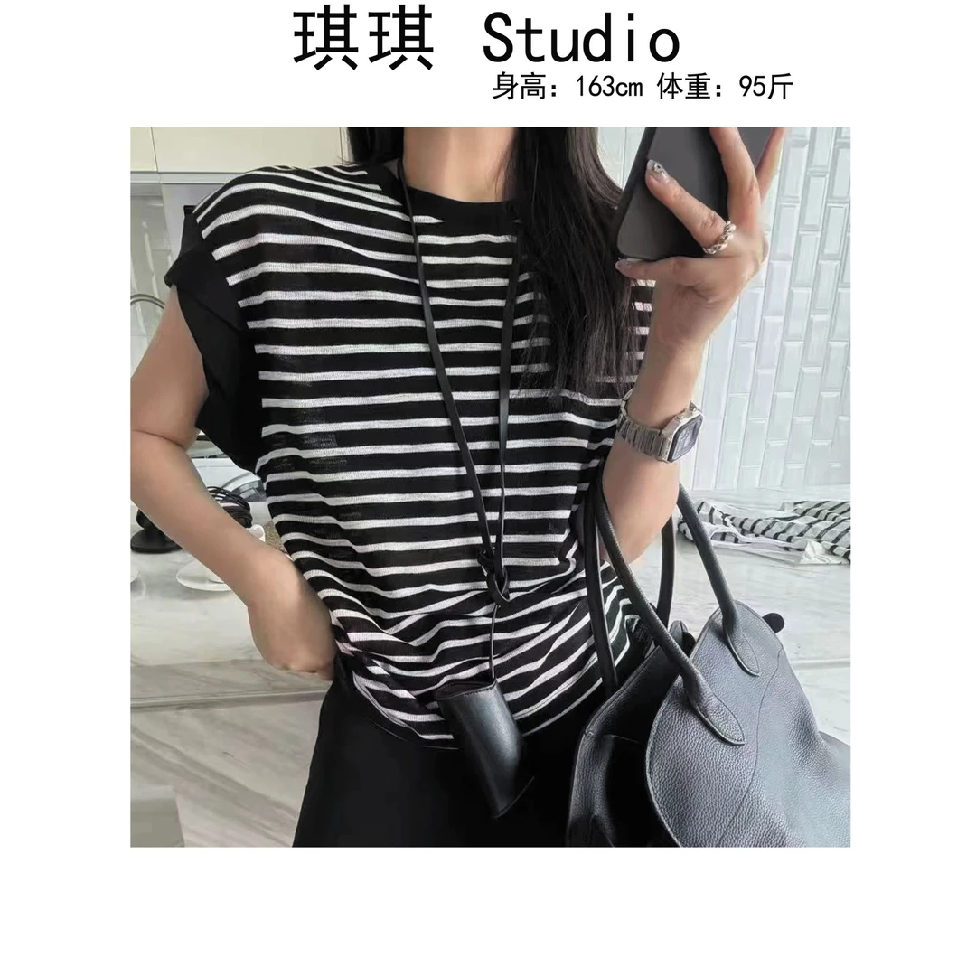 《琪琪家》夏季新款潮流气质时尚显瘦减龄百搭条纹短袖372-CS