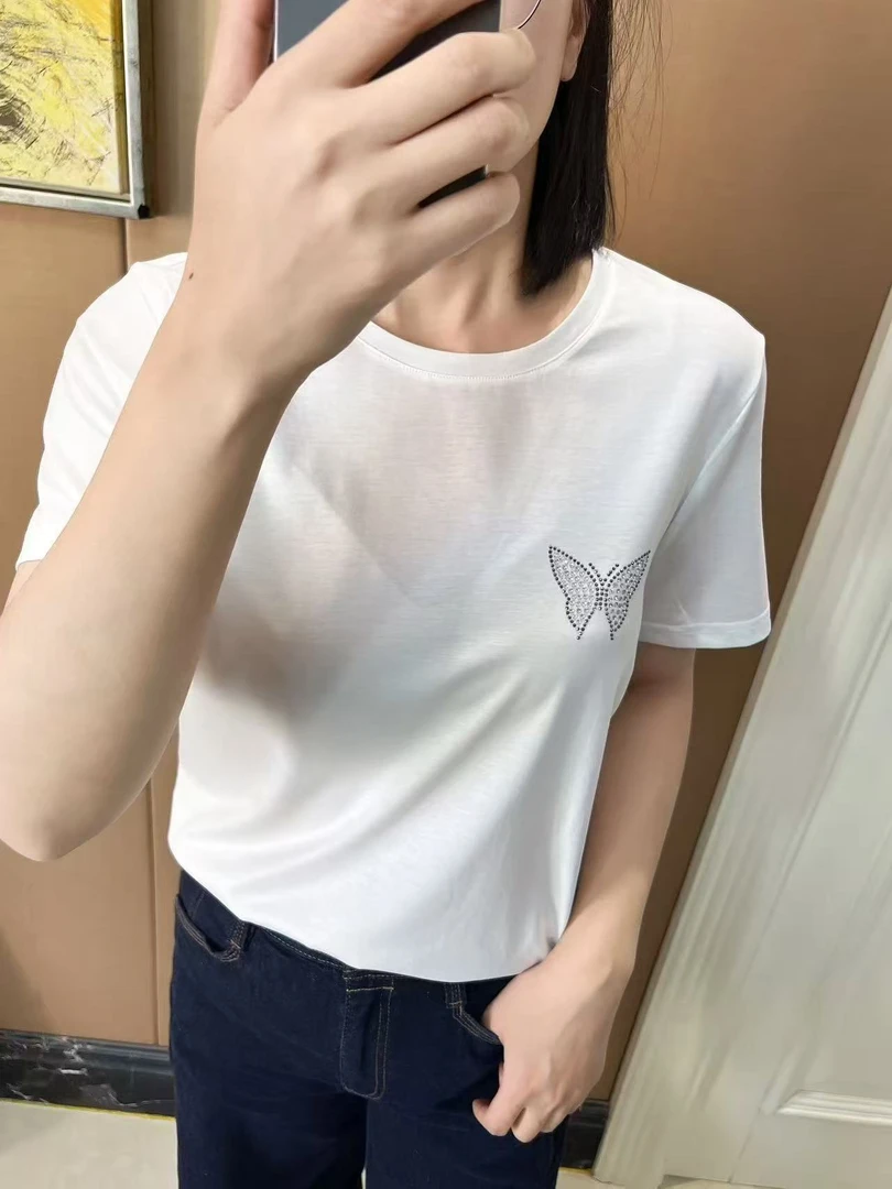 重工镶钻圆领女夏季2025新款时尚正肩白色体恤卡腰上衣