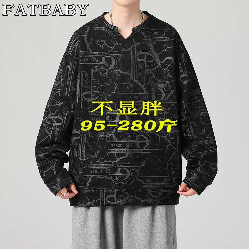 秋季潮牌满印大码男士百搭长袖上衣加大加肥宽松休闲时尚V领卫衣