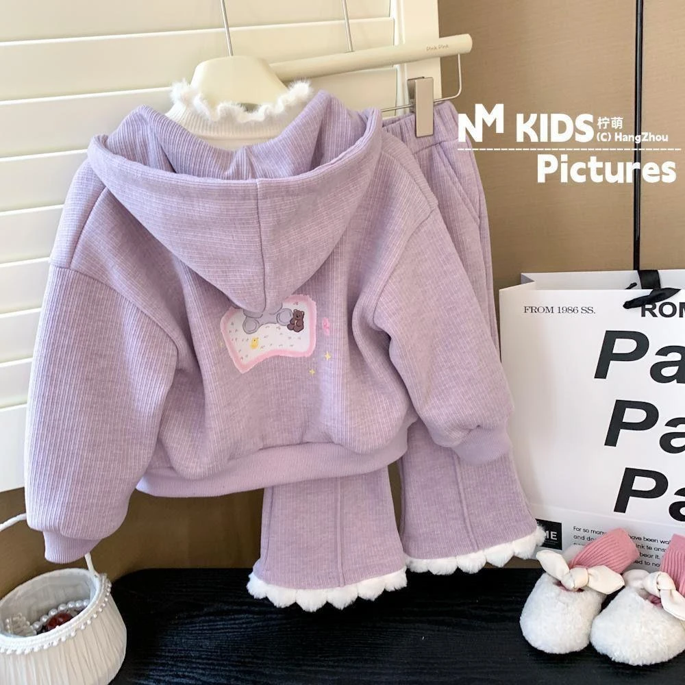 女童春秋套装2025童装新款卡通连帽外套宝宝花边裤子两件套