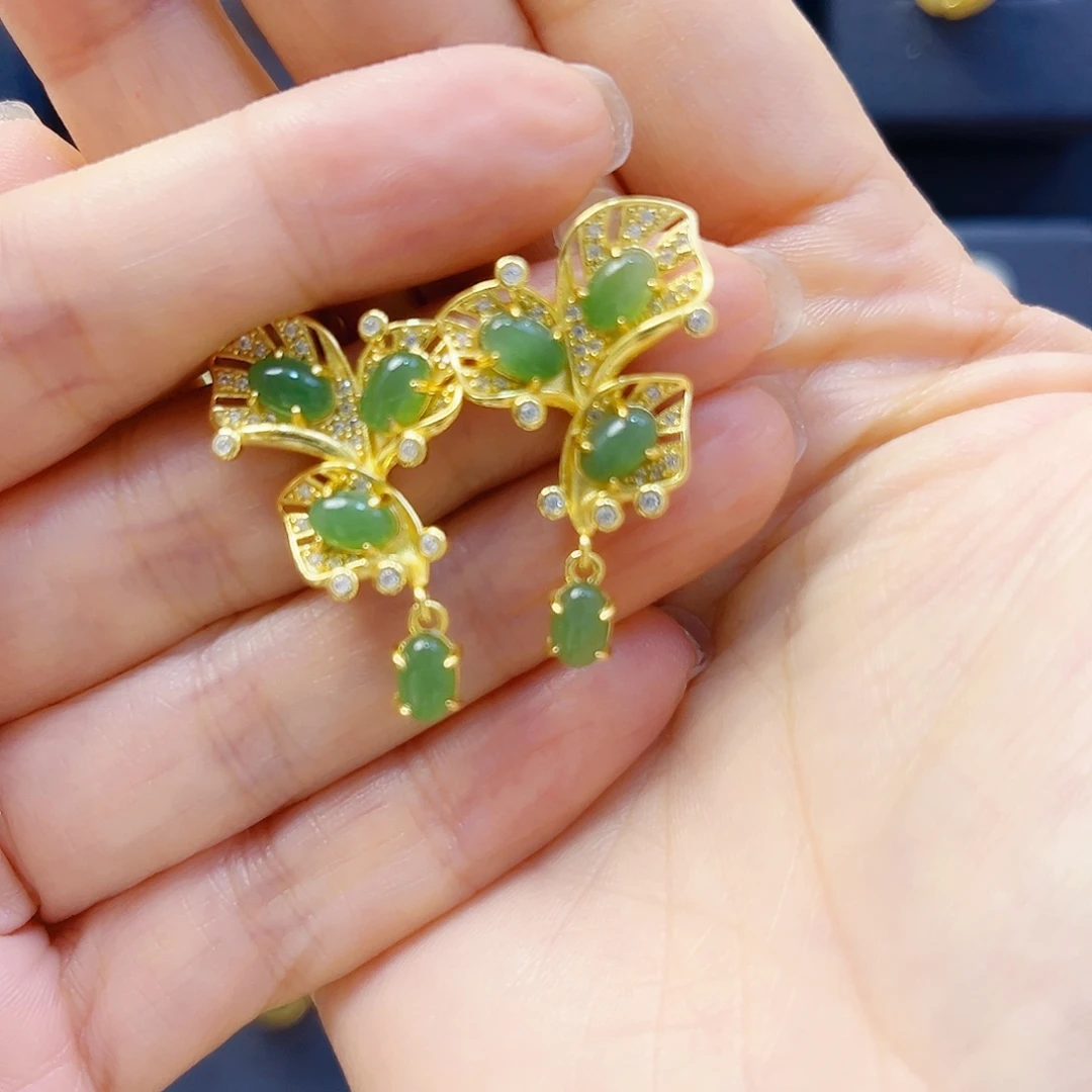 和田玉银S925镀金镶嵌耳饰