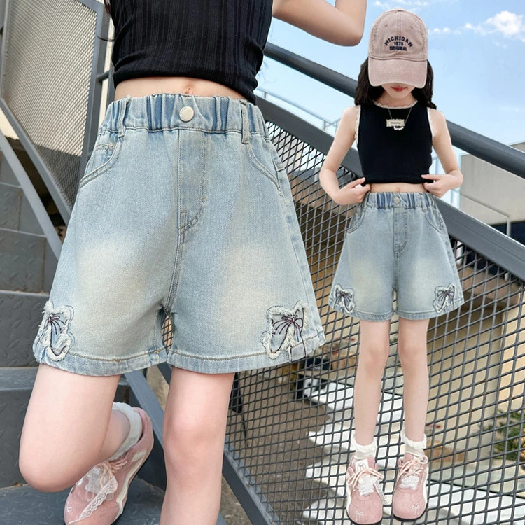女童新款脚口蝴蝶结短裤休闲夏季2025绣花中大童外穿洋气薄款短裤