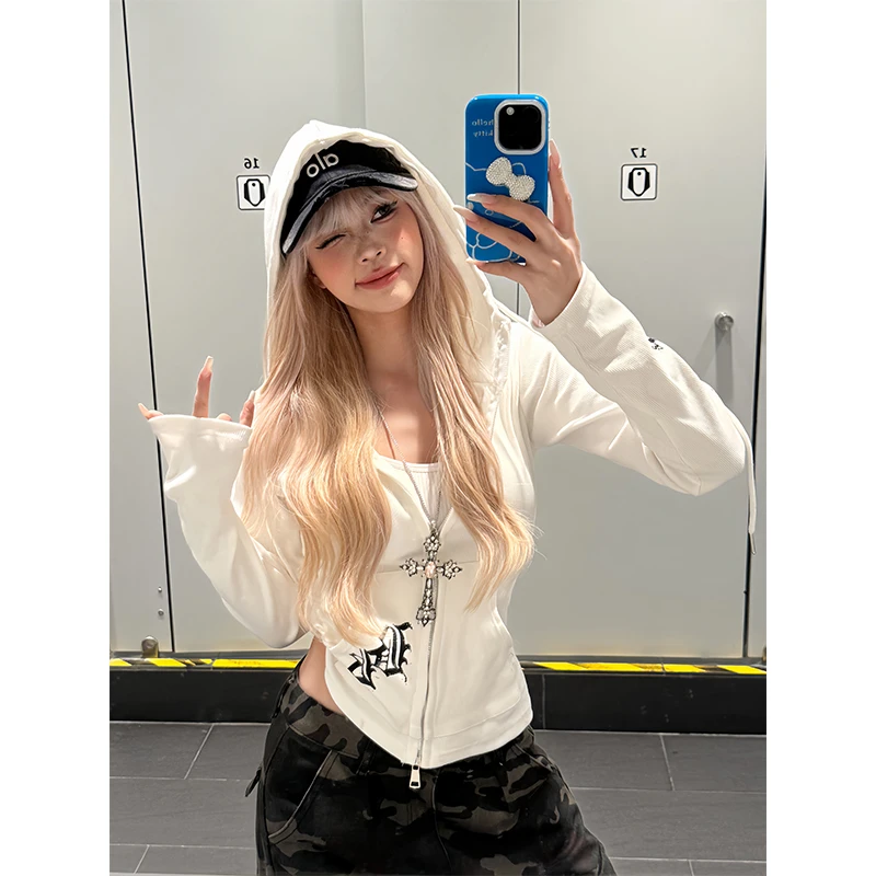 美式哥特风辣妹字母印花卫衣外套女春秋季修身显瘦短款连帽上衣