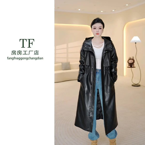 房房推荐88565-冬季长袖拼接厚款常规长款皮衣连帽休闲宽松时尚