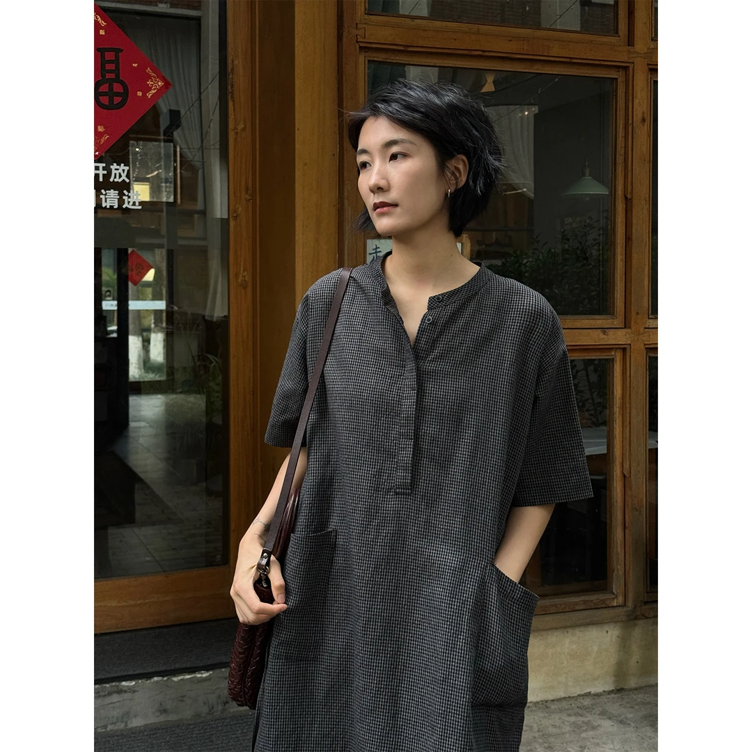 LANGQING 棉麻薄款宽松中长款常规袖百搭格子连衣裙44906#