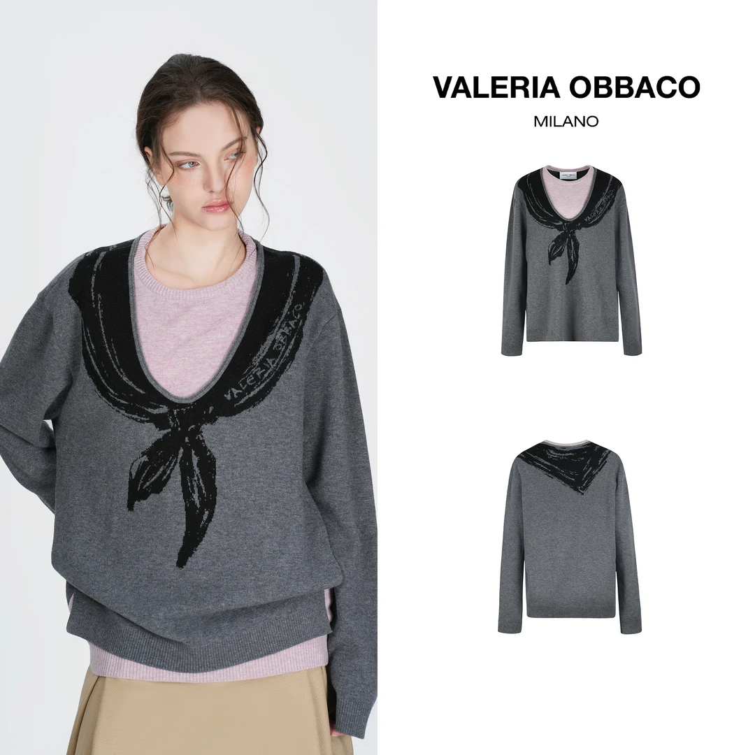VALERIAOBBACO/瓦莱丽娅 奥贝科VO灰色羊毛领结印花针织衫