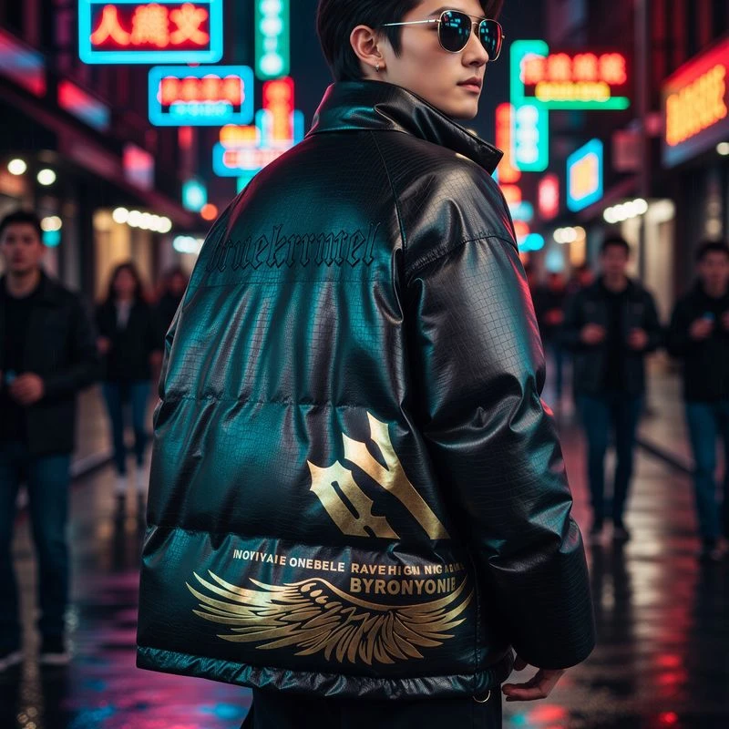 BY潮牌鳄鱼纹PU皮男棉衣闪耀翅膀加厚保暖宽松冬季新款面包棉服