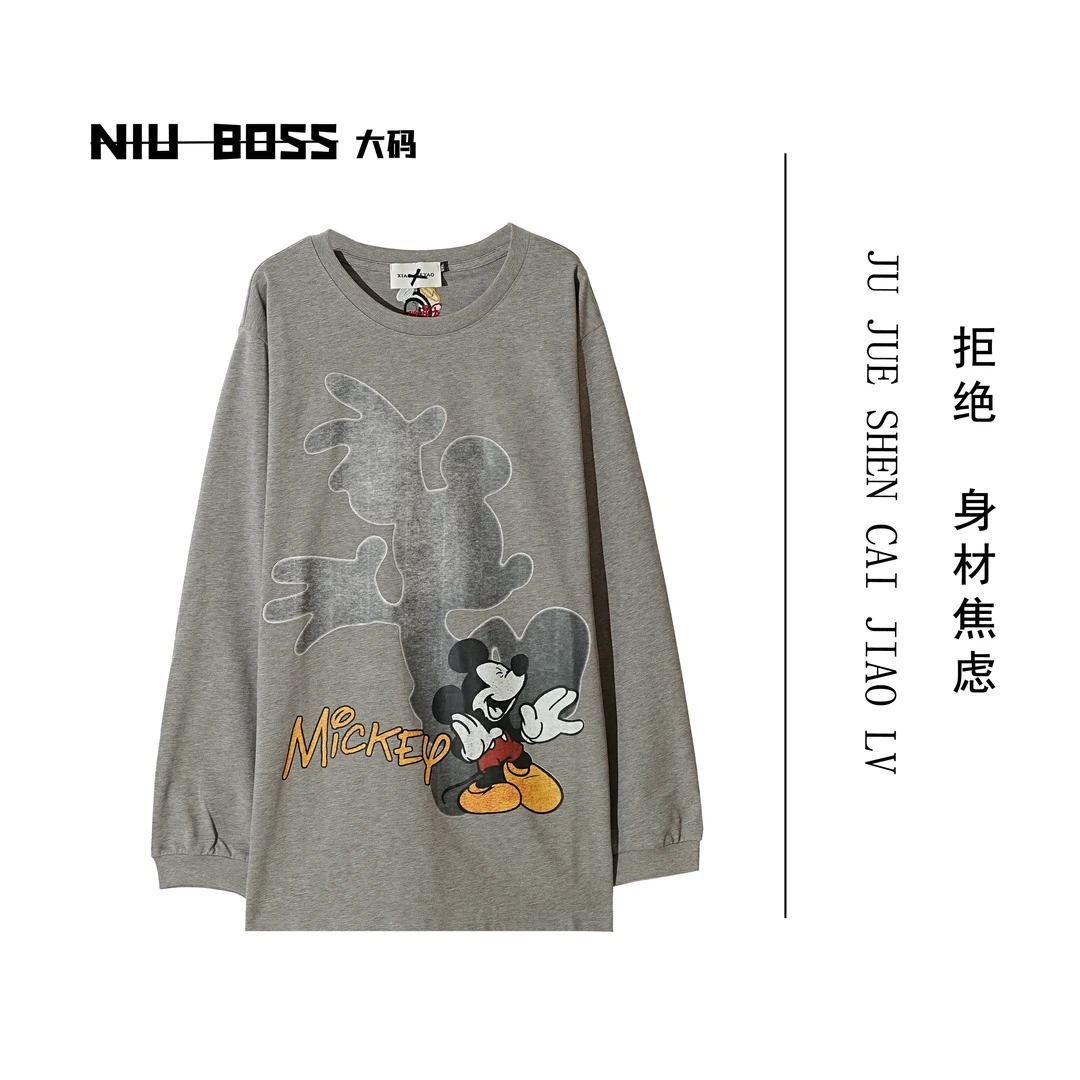 Three Ten. N大码250斤“影子”卡通米奇刺绣印花长袖T恤