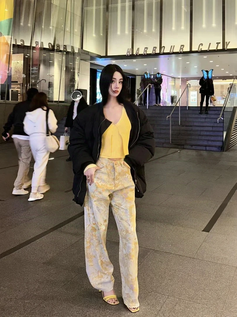 YUNAQIU-夏季“发财裤”设计感黄色提花高腰显瘦阔腿牛仔裤-2158