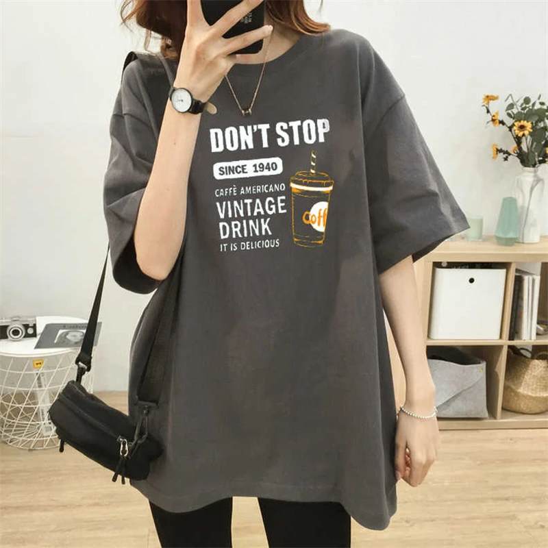 新款纯棉中长款短袖T恤女2025夏季新款洋气印花宽松上衣女半袖体