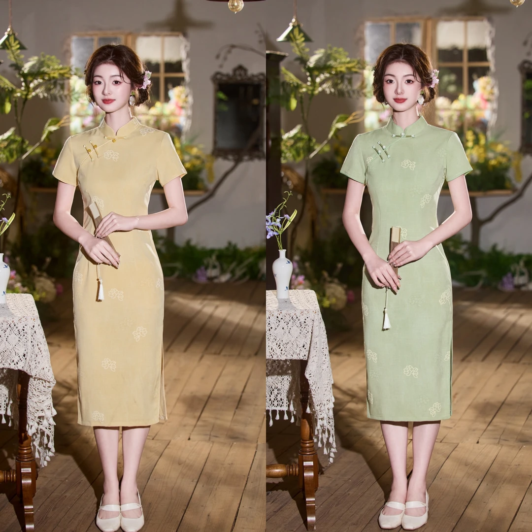 【青未了】2025夏季新款竹节麻泡泡花中国风改良款双色旗袍 衣长108