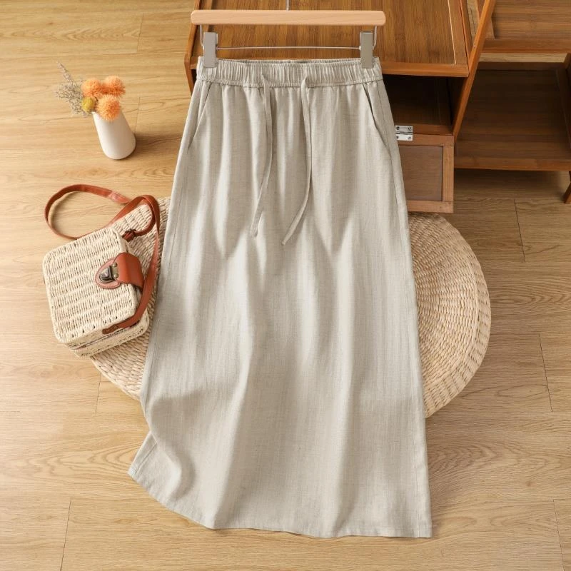 天丝亚麻半身裙女夏薄款2025新款棉麻a字中长裙子显瘦气质直筒裙