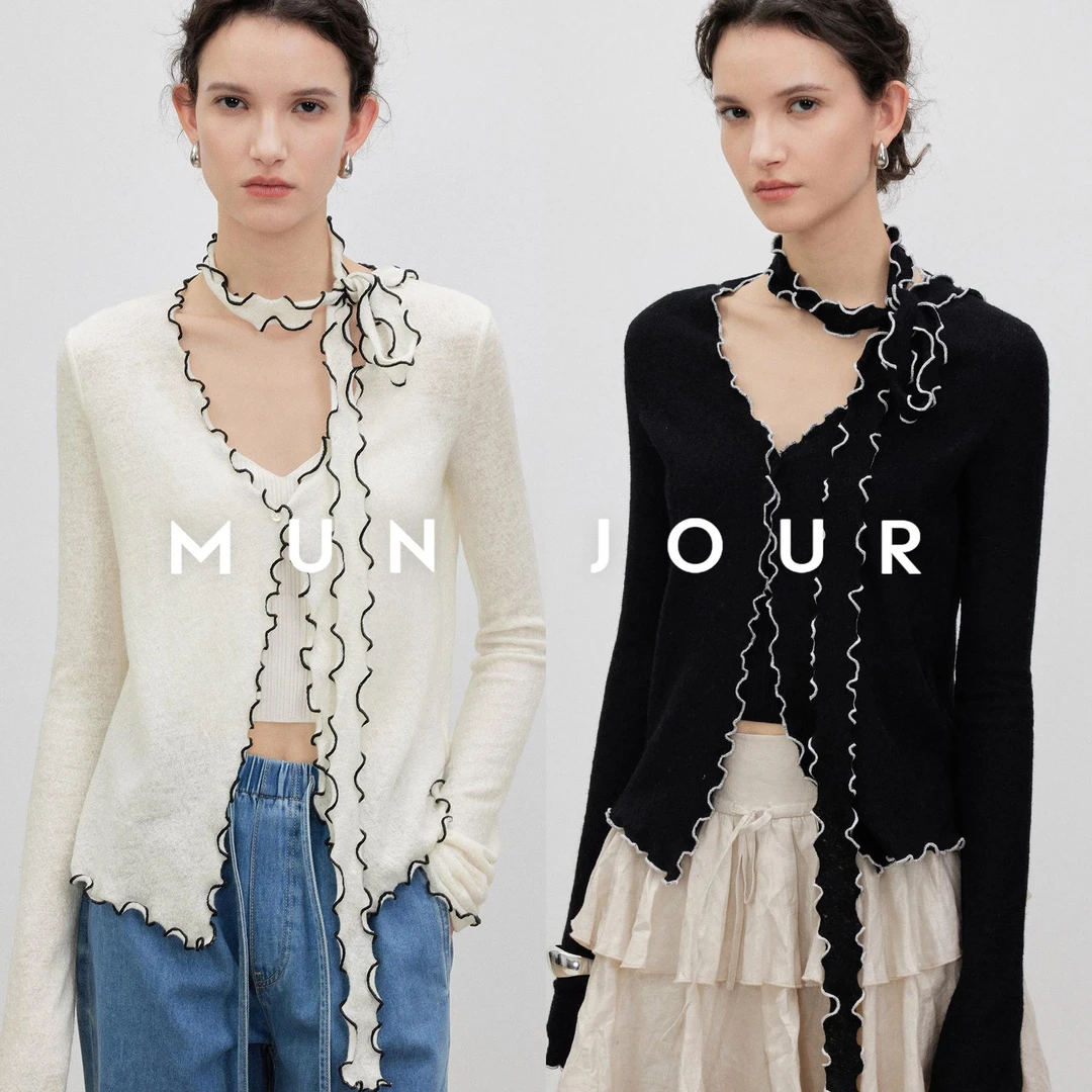 浪漫撞色波浪边_羊毛天丝微透镂空肌理提花轻薄针织开衫