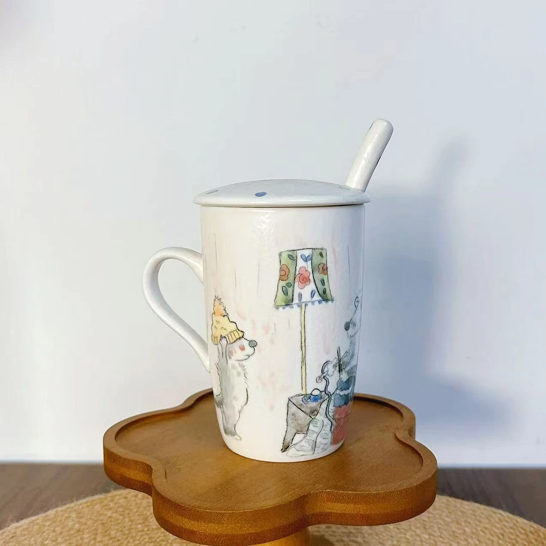 【直播-不带盒子】高温釉下彩大号带盖子带勺子可爱马克杯222