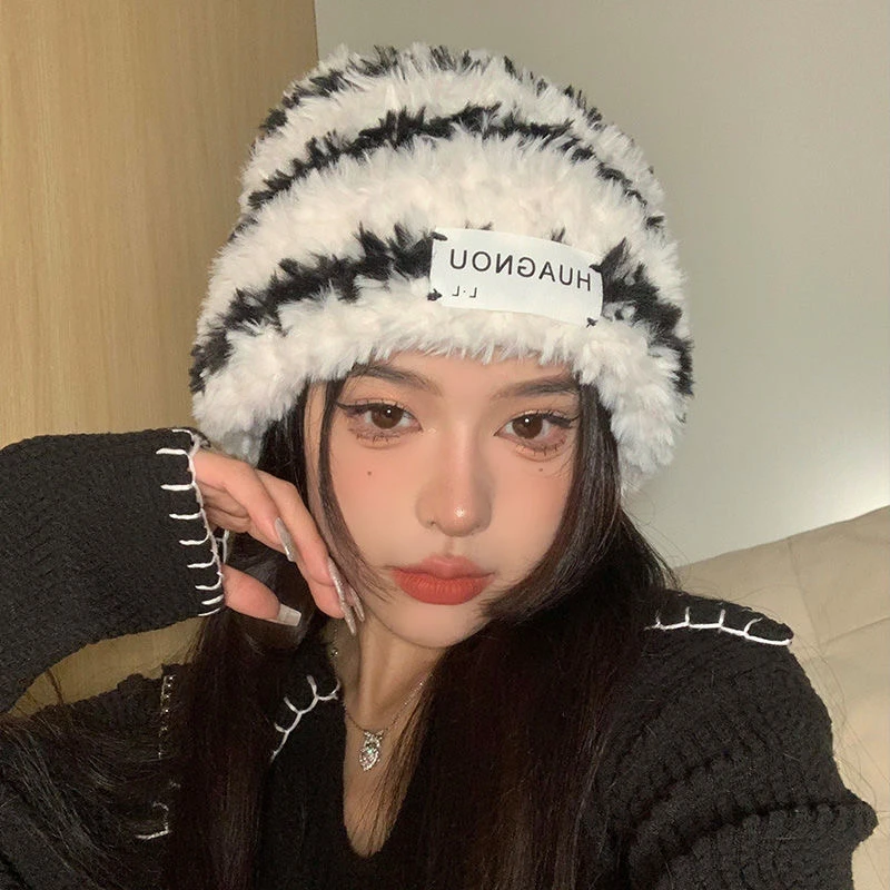 冬季针织百搭毛绒渔夫帽子毛茸茸大头围保暖毛线帽韩版护耳显脸小
