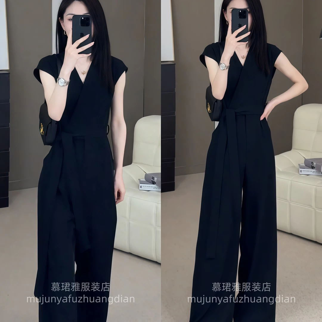 2025新款百搭气质显瘦收腰时尚V领阔腿黑色连体裤