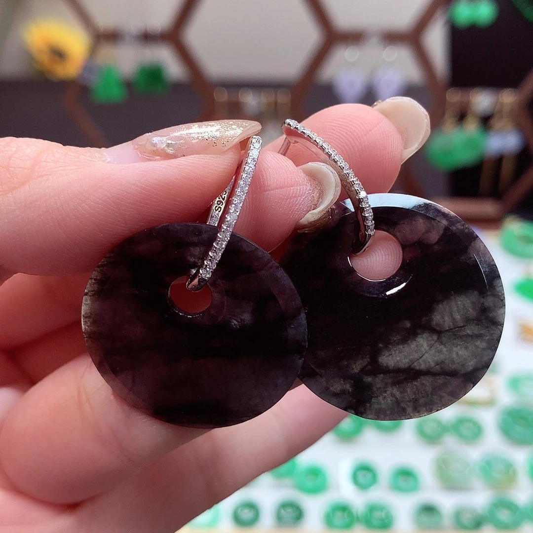 翡翠耳饰银S925镶嵌天然翡翠