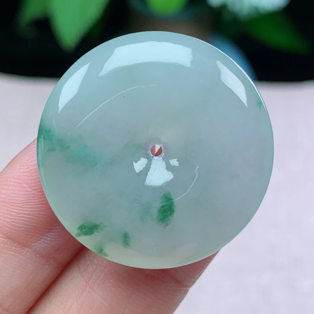 y缅甸天然翡翠A货30.6-5.9玉石冰种飘花平安扣吊坠礼物冰透挂坠