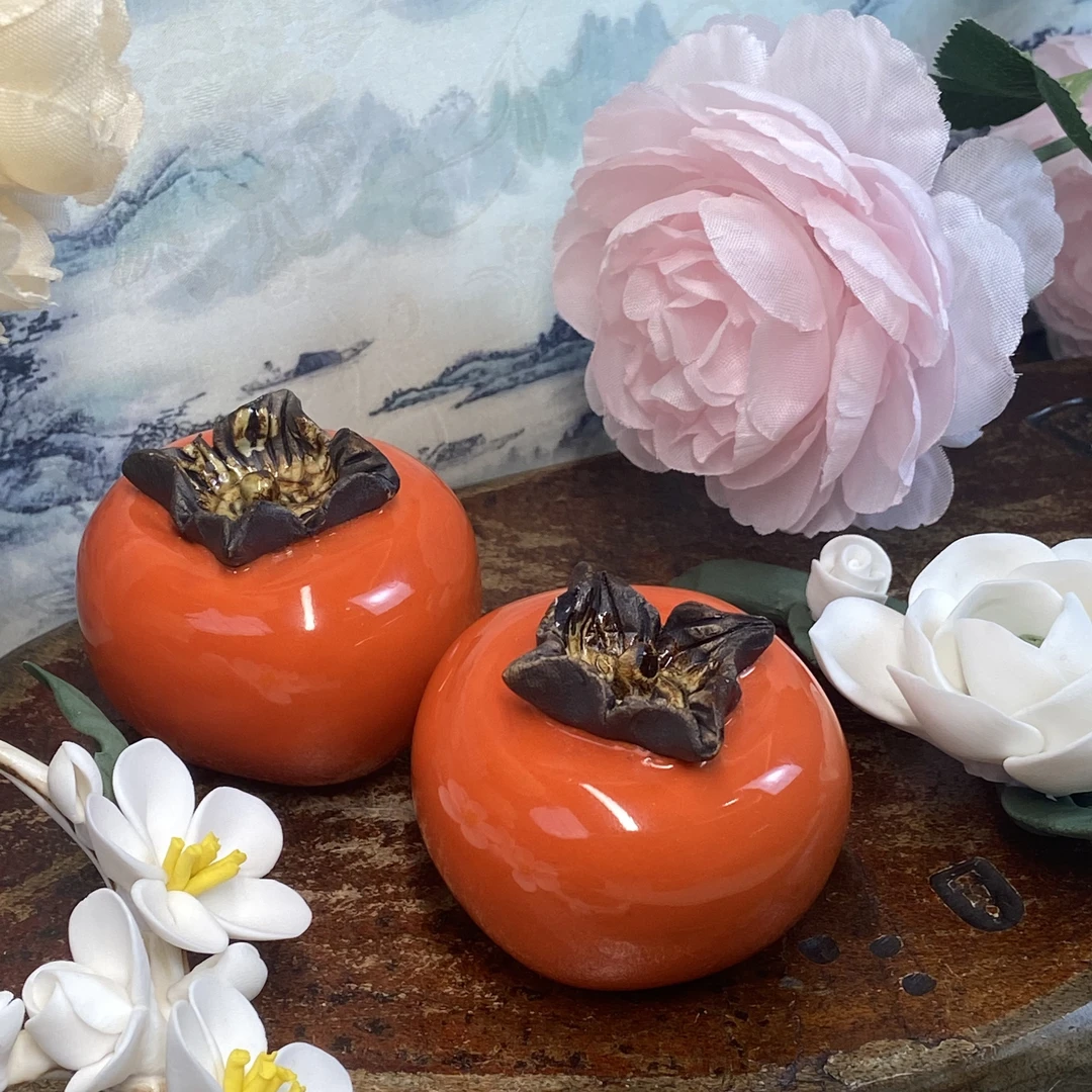 【柿柿如意】石湾手作柿子高档陶瓷匠心手绘纯手工陶瓷摆件