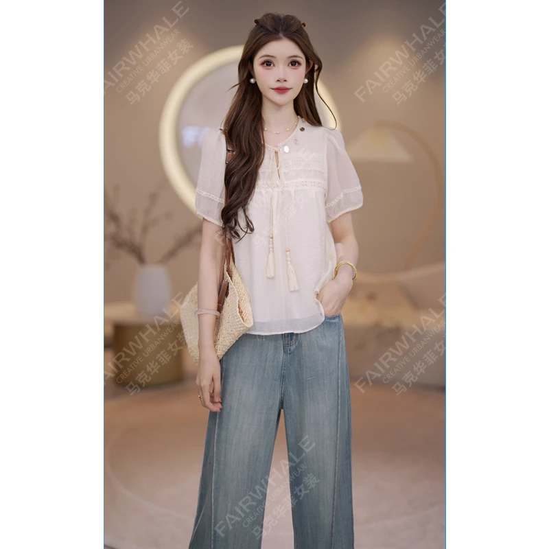 马克华菲女装2025夏季法式圆领舒适轻薄小衫时尚衬衫减龄小众 X