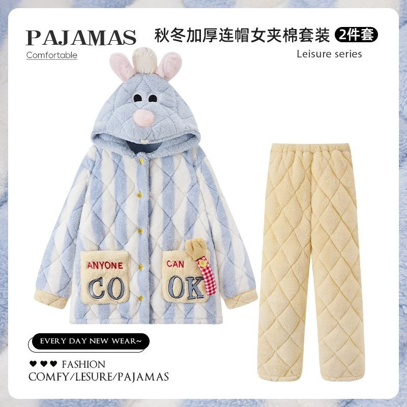 省服冬季睡衣女款爆款2025新款三层夹棉变态厚保暖卡通家居服套装