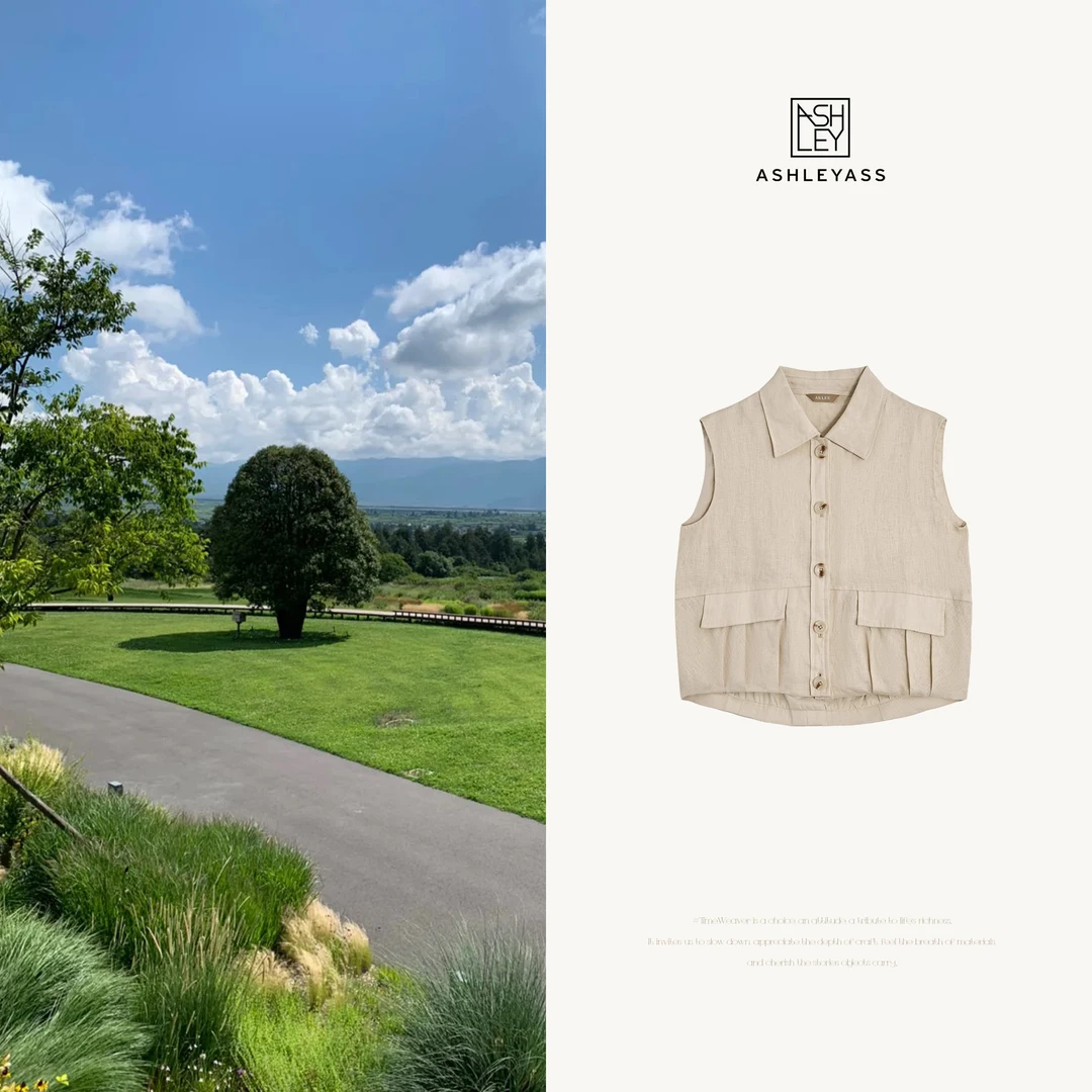 ashleyass”轻舞米杏“花纹扣前后下摆捏褶LSS240271C无袖马夹