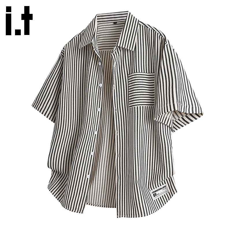 i.t:CHOCOOLATE翻领秋冬男条纹衬衣2025秋冬小众时尚痞帅衬衫上衣