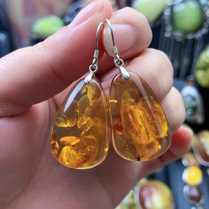 琥珀裸石银S925镶嵌耳坠