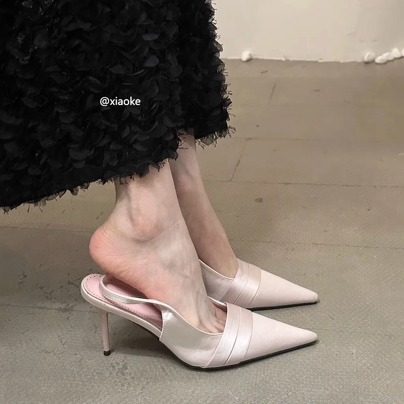 小众高跟鞋粉色缎面凉鞋仙女鞋子2025新款夏季法式配裙子尖头单鞋