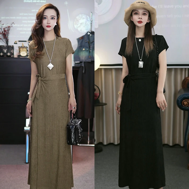 法式时尚复古小众设计感！夏季女装气质通勤风收腰显瘦纯色长款连
