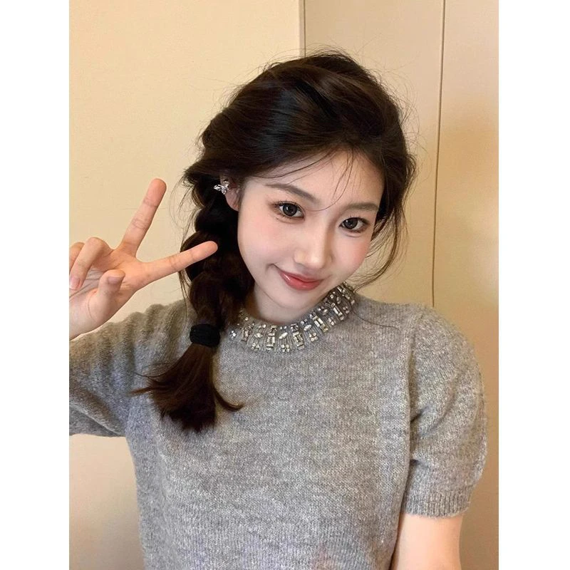 miu系千金感灰色镶钻圆领短款针织短袖T恤女夏季宽松独特百搭上衣