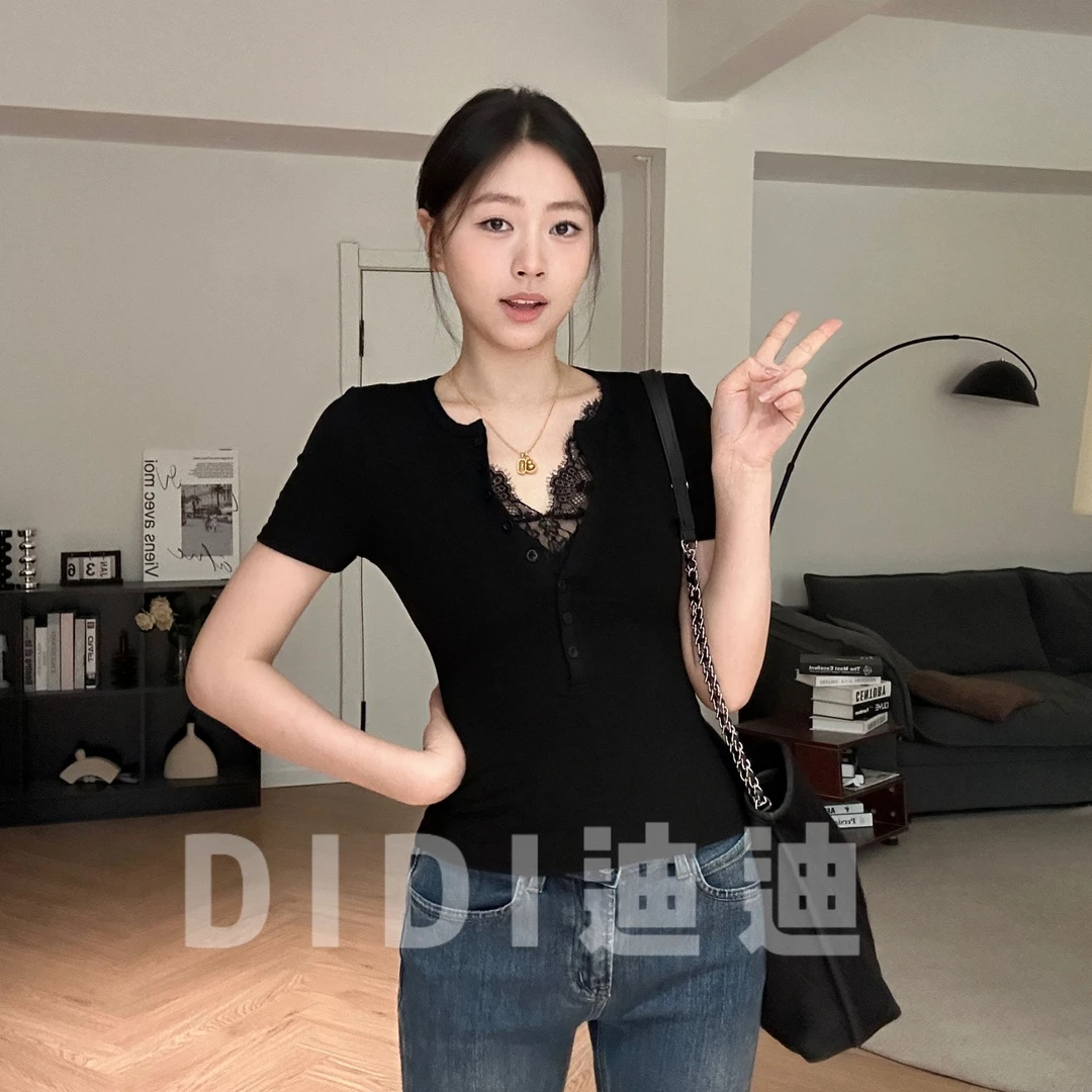 【DIDI】夏季新款灰色假两件蕾丝拼接短袖t恤显瘦修身内搭短袖上衣