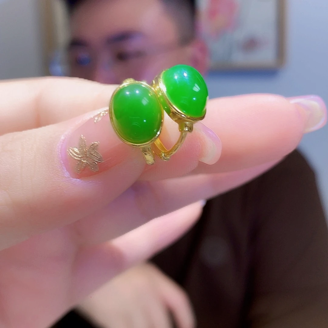 和田玉（碧玉）耳饰银S925镀金镶嵌