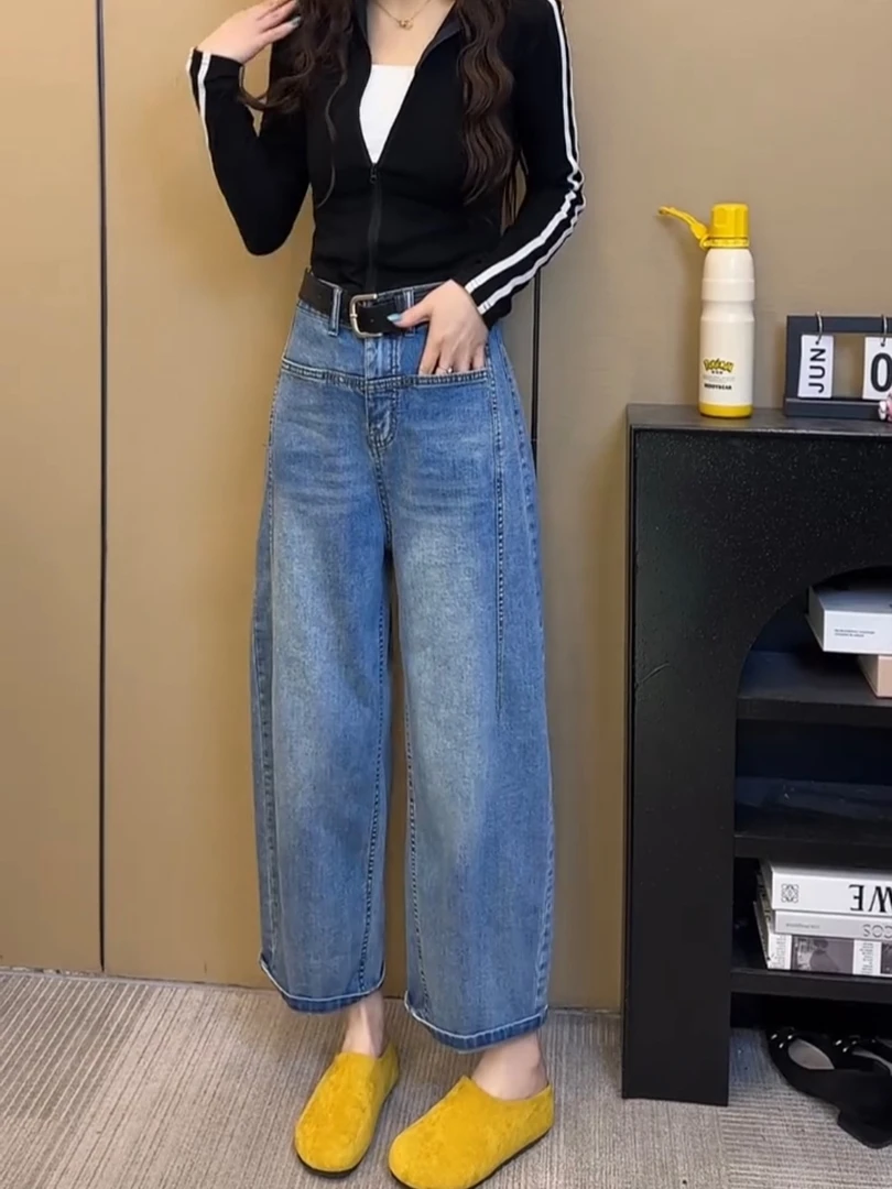 秋季新款大码香蕉弯刀阔腿牛仔裤女梨形身材宽松显瘦小个子裤子