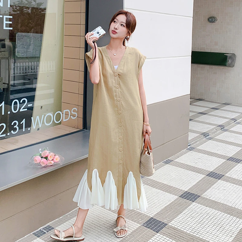 设计感拼接v领无袖连衣裙女2025夏新款法式复古气质收腰显瘦长裙