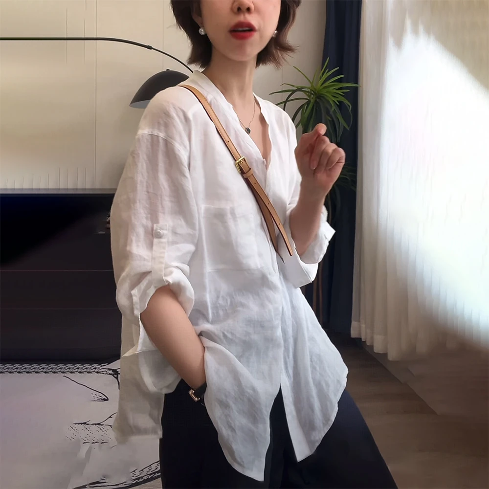 2025夏季新款白色亚麻V领防晒衬衫女宽松减龄休闲高级感透气上衣