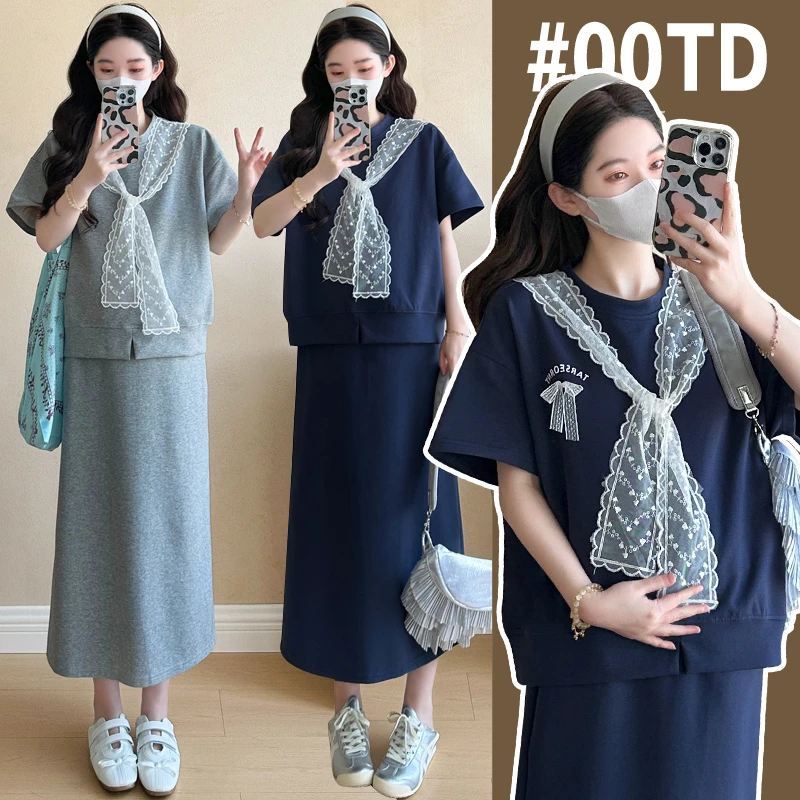 时尚休闲孕妇套装网红夏季蝴蝶结针织宽松短袖T恤半身裙两件套