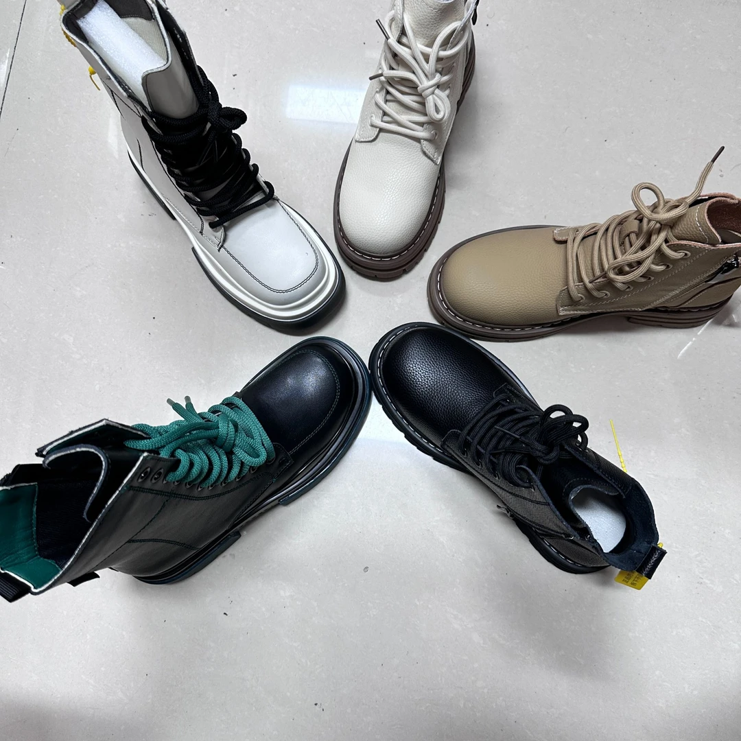 2024新款高帮皮靴时尚休闲百搭女士真皮厚底系带潮流英伦风