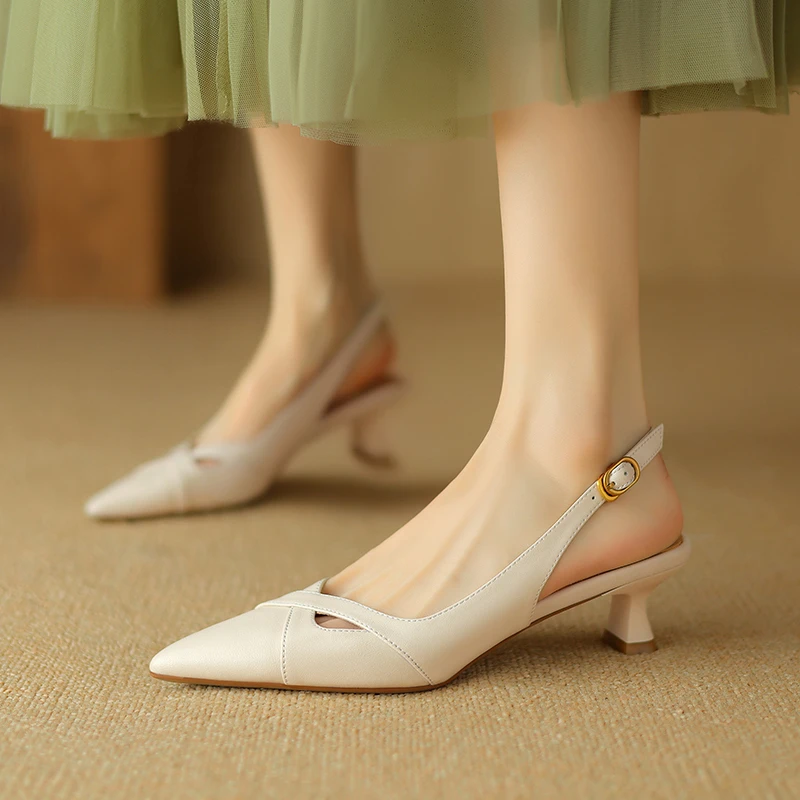 断码清仓全牛皮尖头镂空凉鞋女2025夏季新款细跟包头浅口秀气单鞋