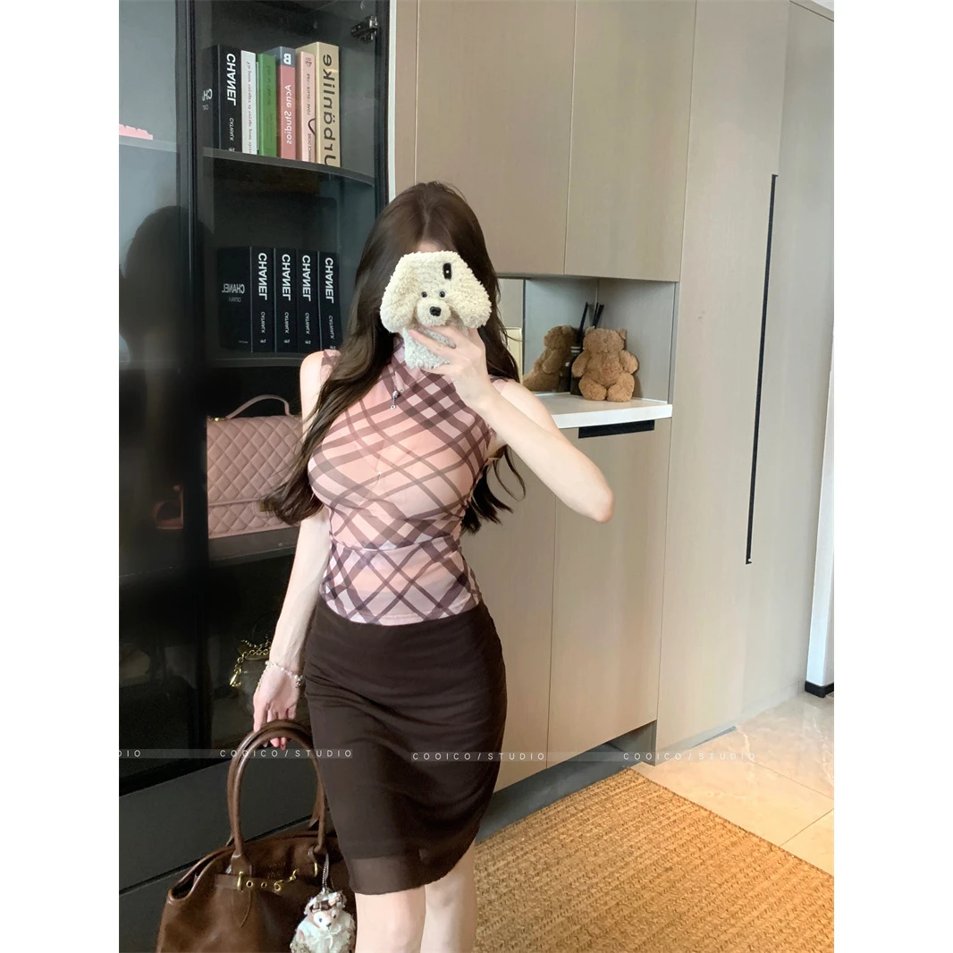 法式御姐风半高领撞色格纹上衣套装女小众修身网纱包臀半裙两件套